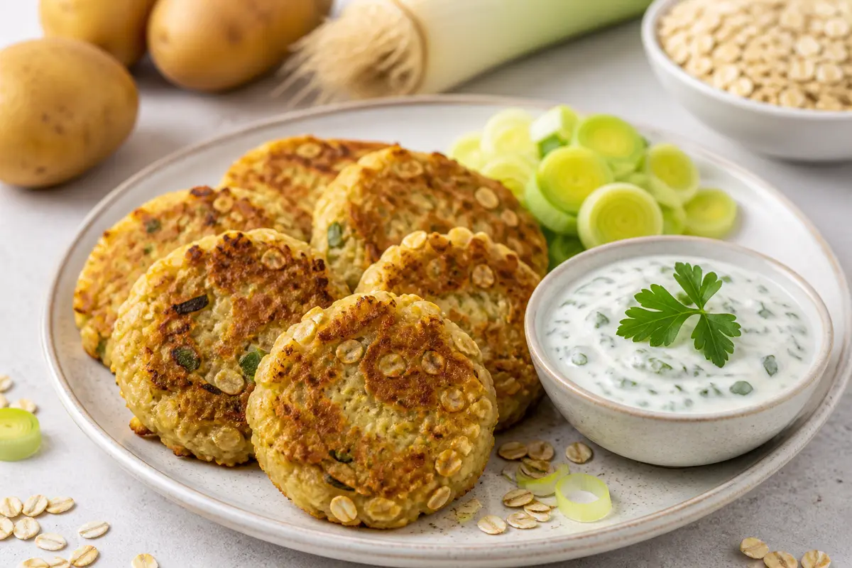 Budget Oat, Potato and Leek Patties with Warm Yogurt Parsley Sauce
