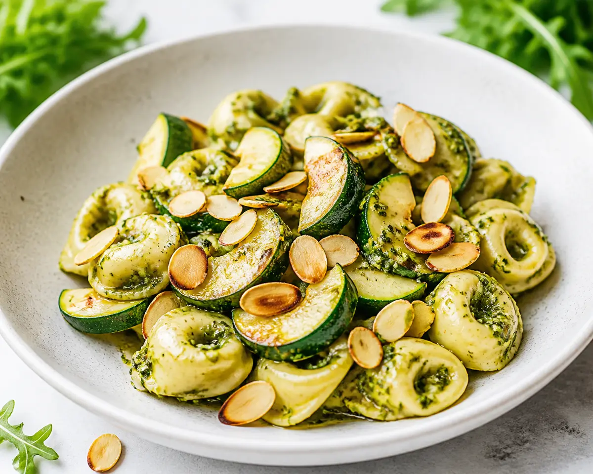 Tortellini exprés al pesto de rúcula con calabacín salteado y almendras tostadas