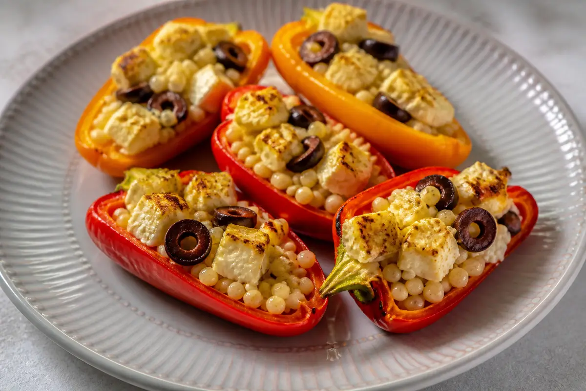Barquitas de pimiento mini en Air Fryer con cuscús perlado al limón, aceitunas y feta dorado