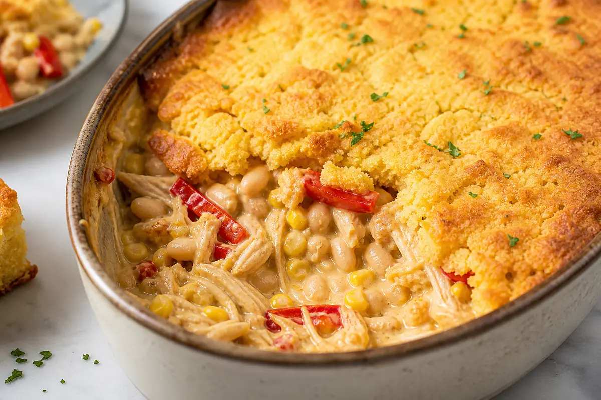 Pastel Familiar de Alubias Cremosas con Pollo al Pimiento Asado y Tapa de Pan de Maíz Dorado