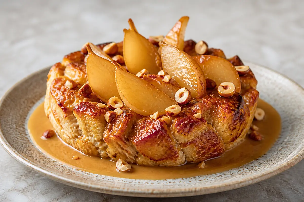 Gratín dulce de brioche, café y avellana con peras caramelizadas