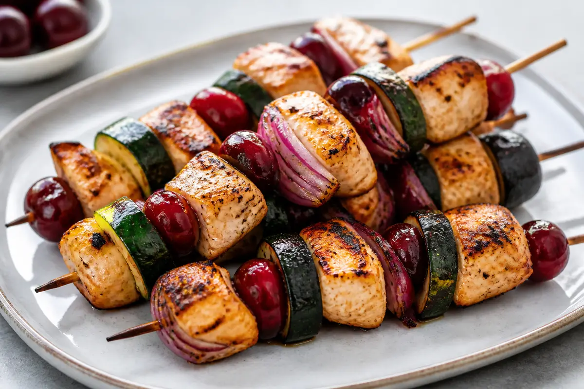 Grilled Chicken Skewers with Zucchini, Fresh Cherries, and Smoked Paprika Red Wine Rosemary Marinade