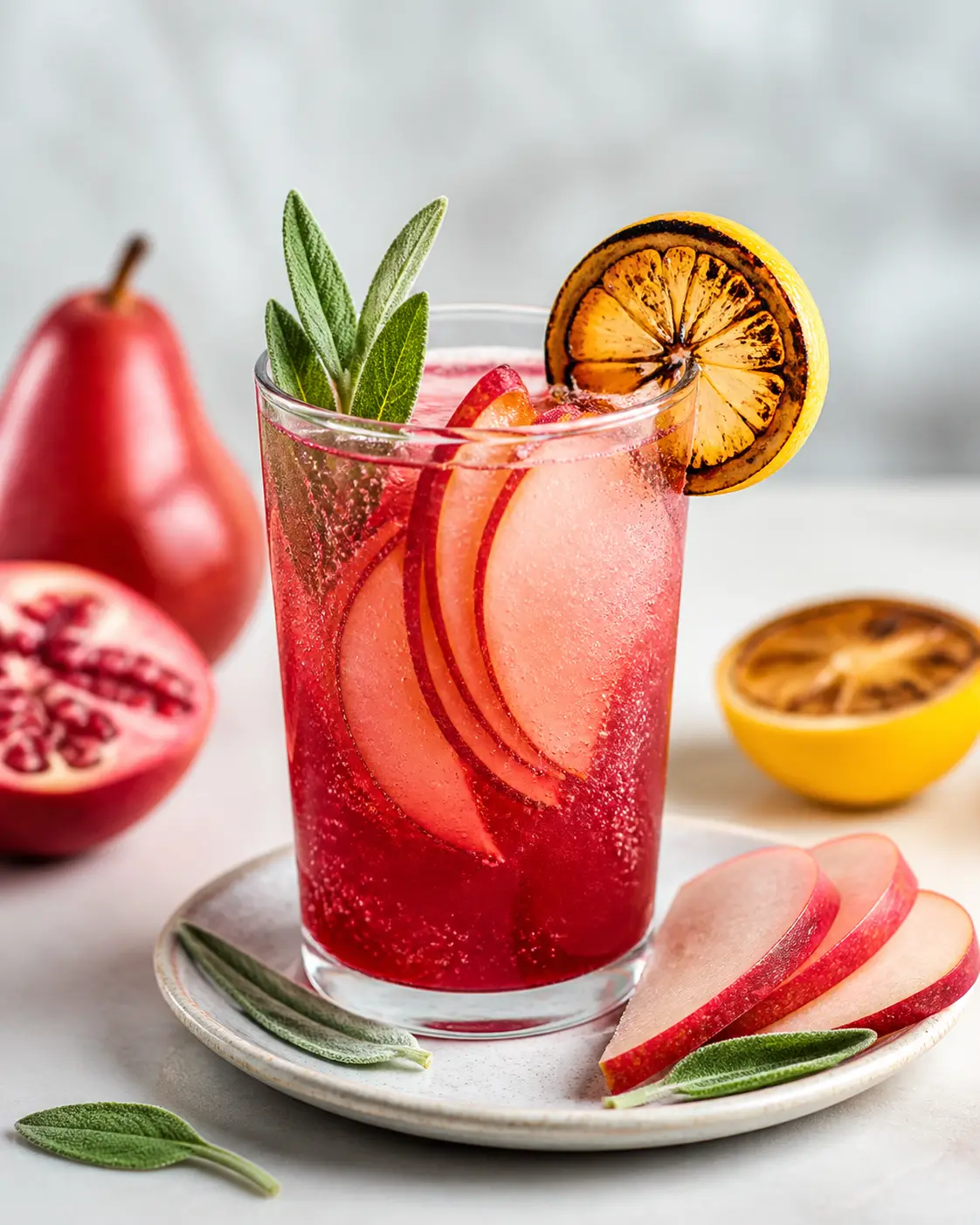 Agua fría espumosa de granada, pera roja y salvia con limón tostado