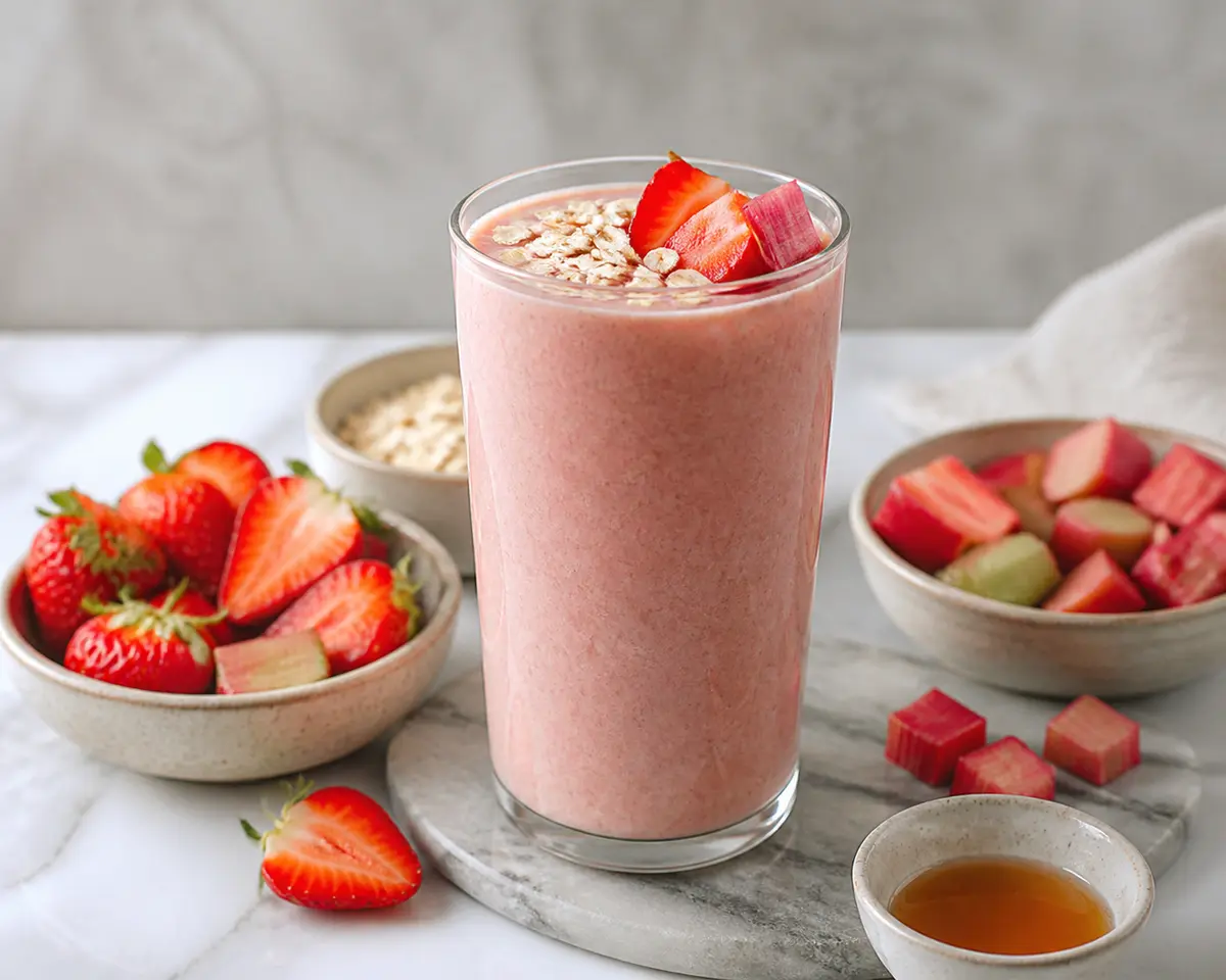 Velvety Roasted Strawberry, Rhubarb and Yogurt Smoothie with Vanilla and Oats
