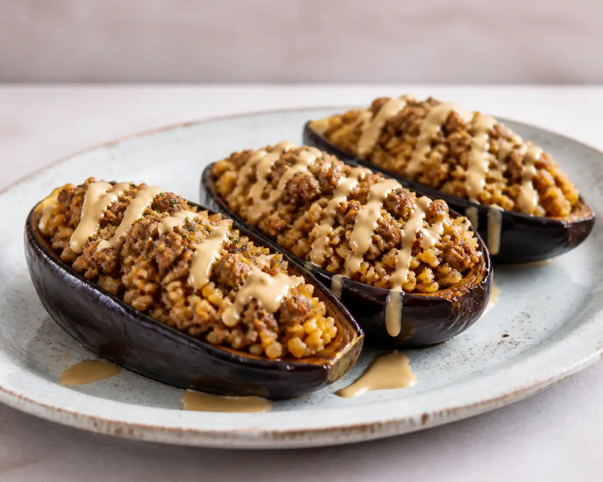 Berenjenas Mediterráneas Rellenas de Cordero, Bulgur al Tomillo y Salsa de Tahini Asado