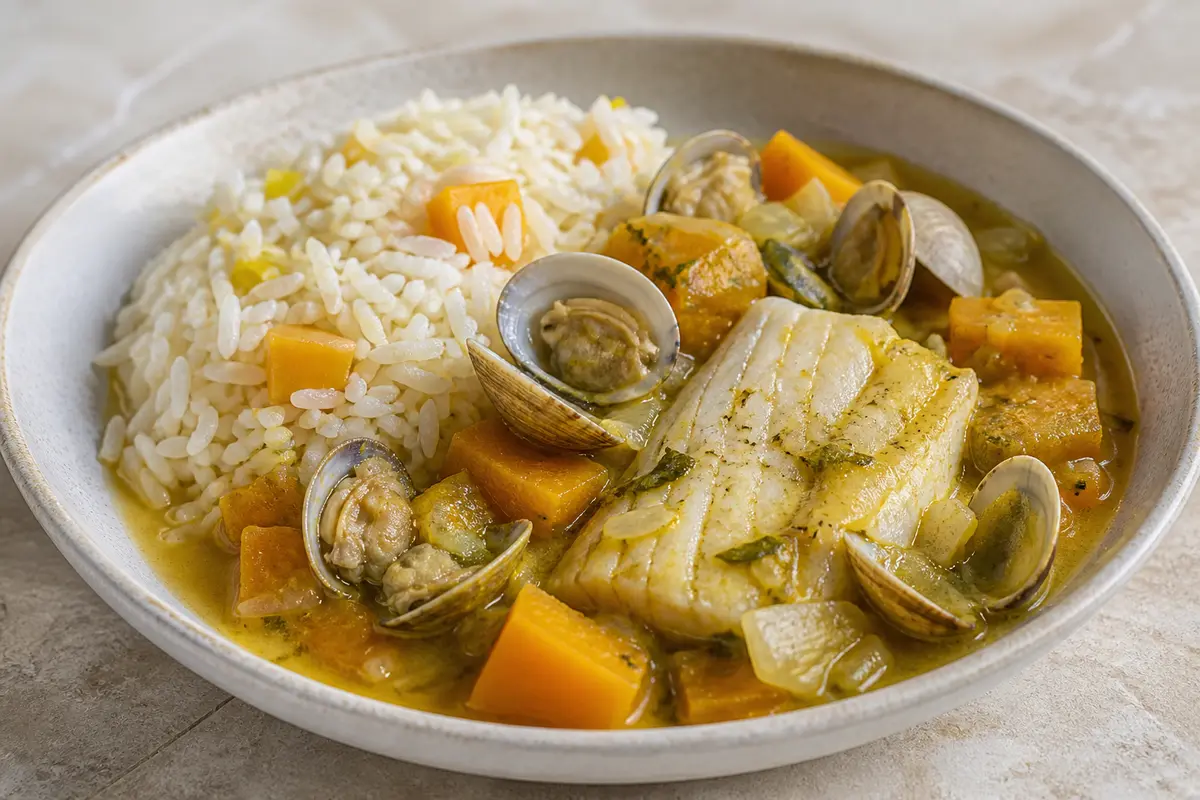 Cazuela Caribeña de Pescado y Almejas con Calabaza, Coco y Arroz de Lima