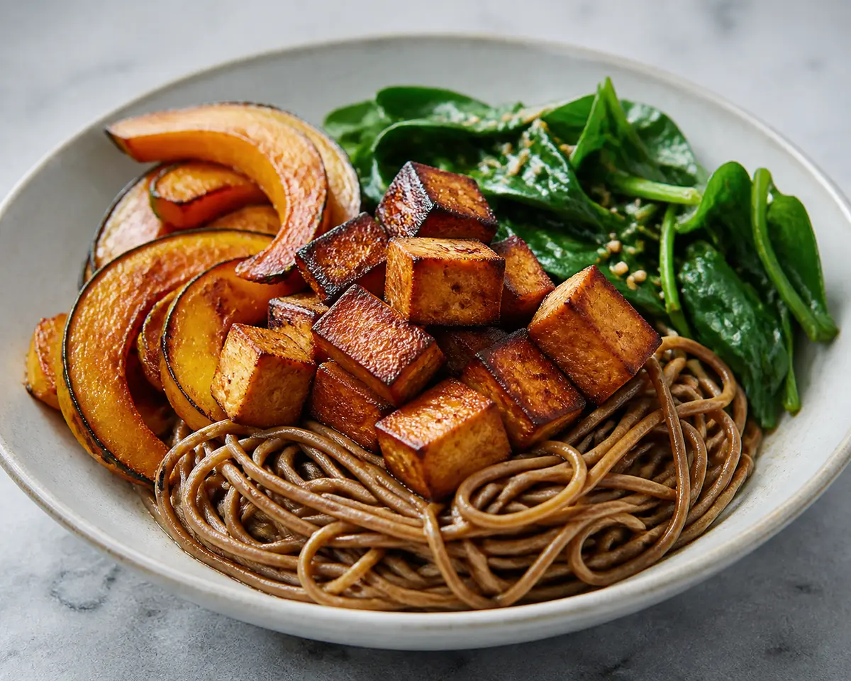 Fideos soba con tofu crujiente al miso ahumado, calabaza glaseada y espinaca con sésamo