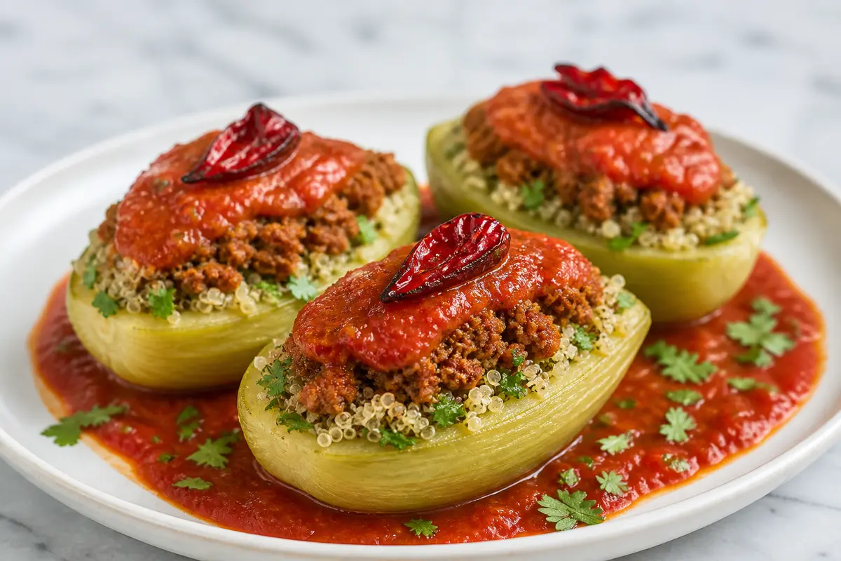 Chayotes rellenos de picadillo de res al chipotle suave con quinoa de cilantro y salsa fresca de tomate asado