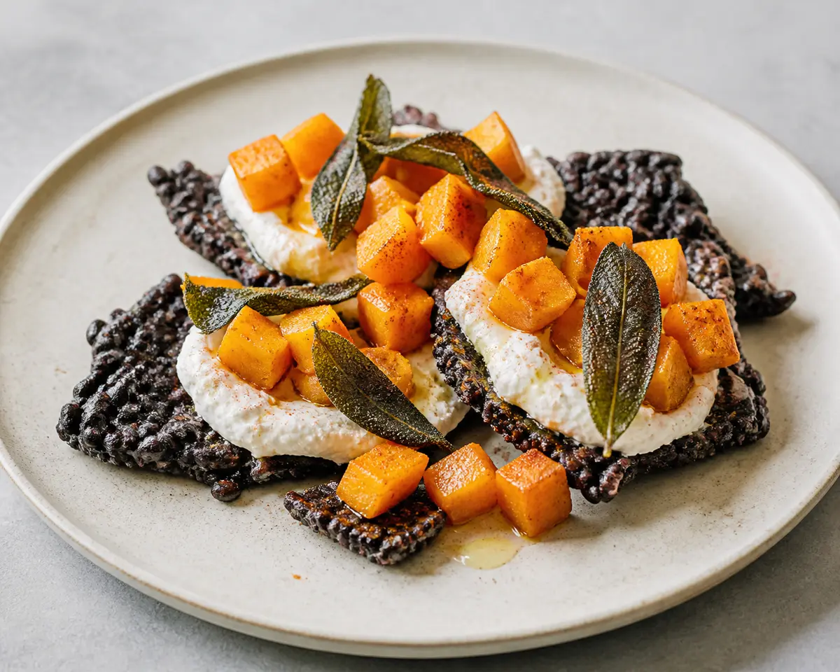 Crujientes de arroz negro con crema de ricotta al limón, calabaza especiada y salvia tostada