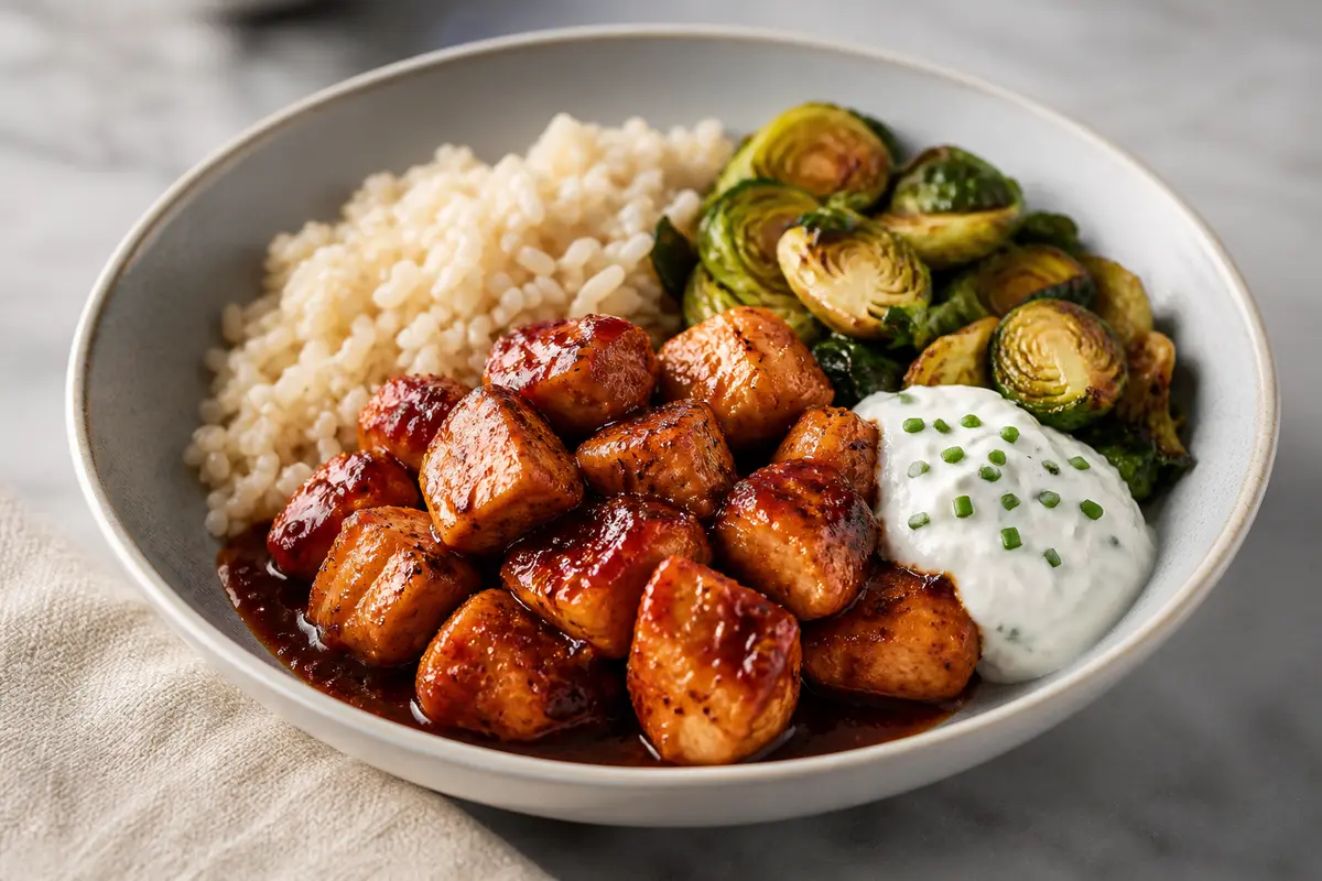 Bowl tibio de pollo al pimentón y ciruela con arroz integral, coles salteadas y crema de ricotta al cebollín
