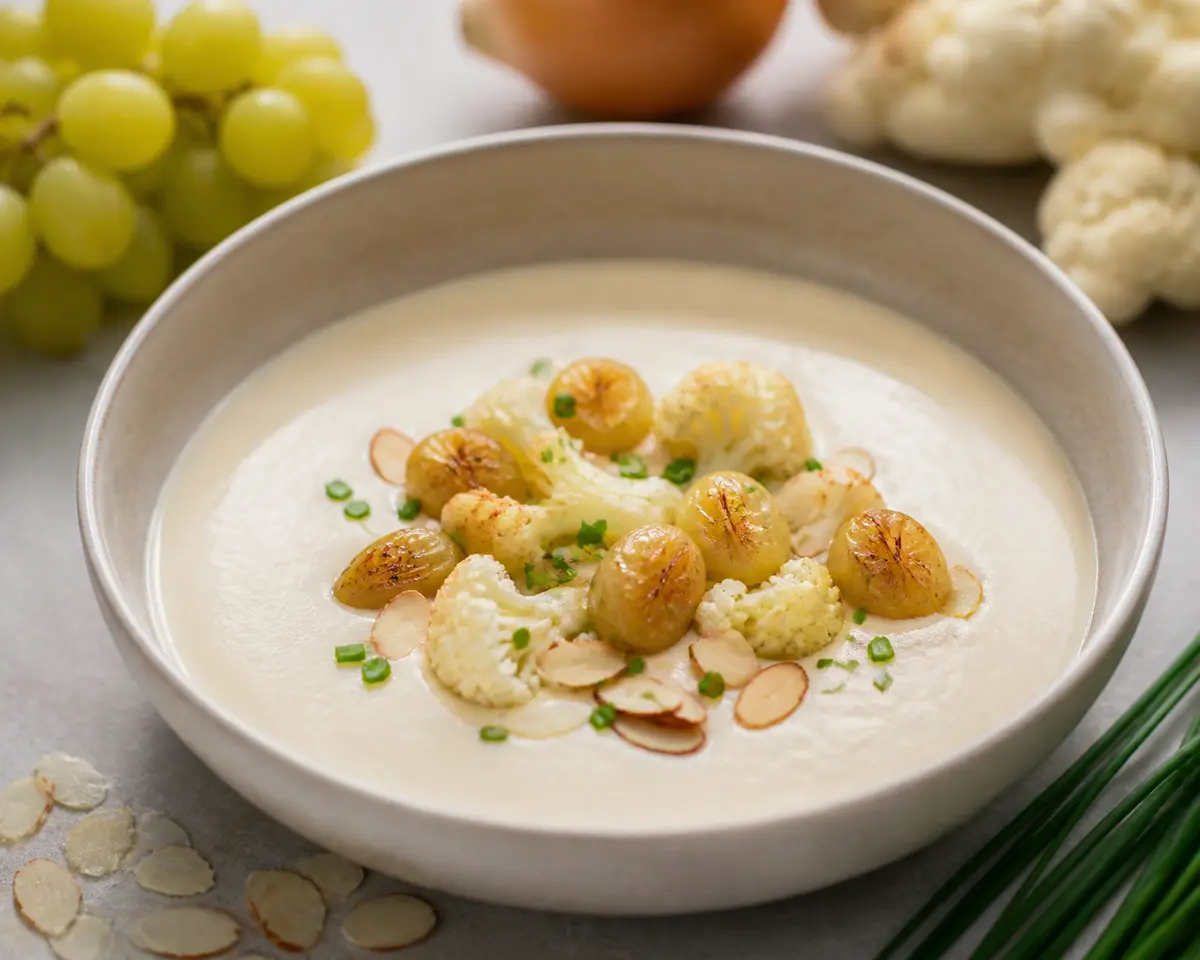 Sopa aterciopelada de apio nabo, coliflor y uvas asadas con almendra y cebollino