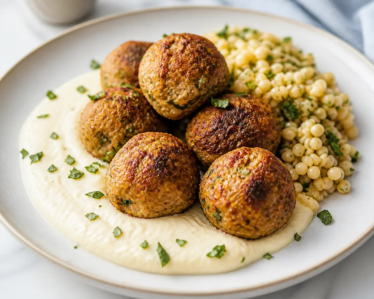 Sweet Paprika Turkey Meatballs with Light Cauliflower Cream and Herbed Pearl Couscous