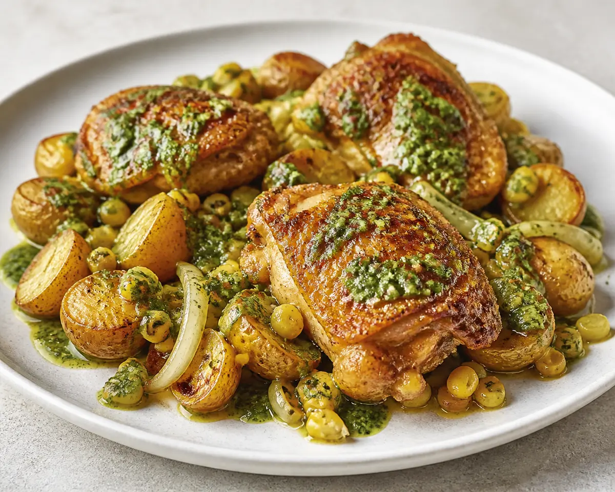 Pollo al horno con salsa de maíz tostado, lima y cilantro sobre papas doradas