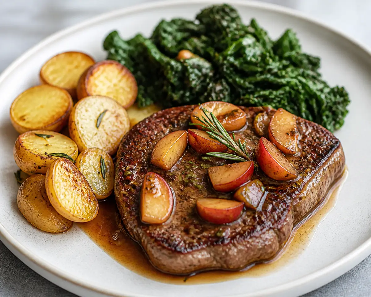 Beef Steak with Apple-Rosemary Pan Sauce, Sautéed Kale, and Golden Potatoes