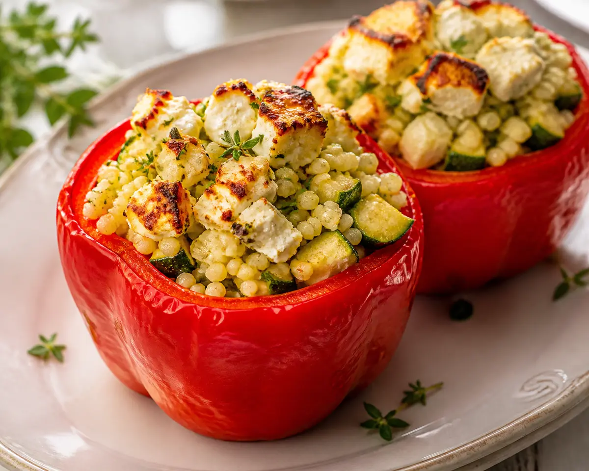 Sweet Peppers Stuffed with Creamy Pearl Couscous, Golden Zucchini and Herbed Feta Crust