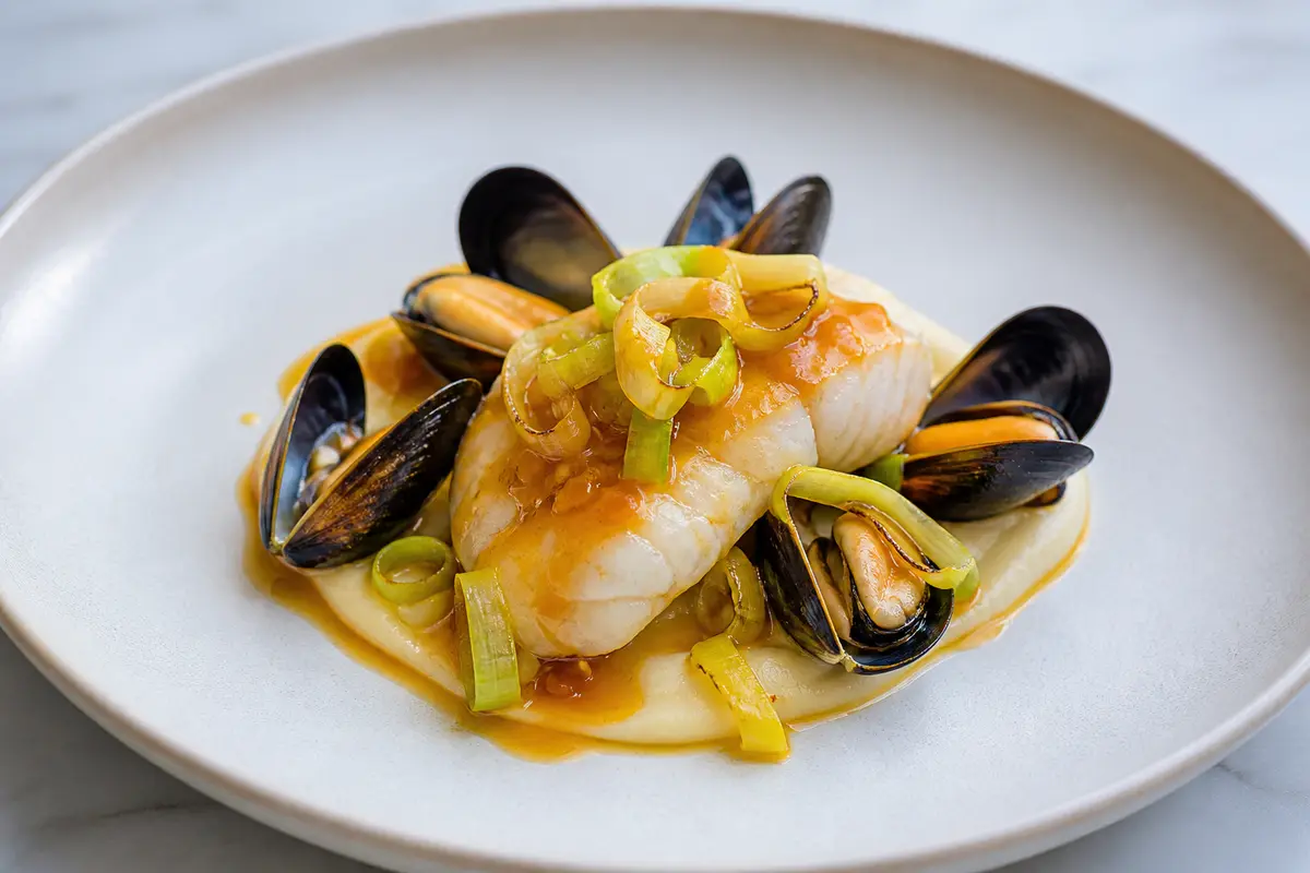Orange-Ginger Glazed Hake with Leeks Mussels and Silky Kohlrabi Puree