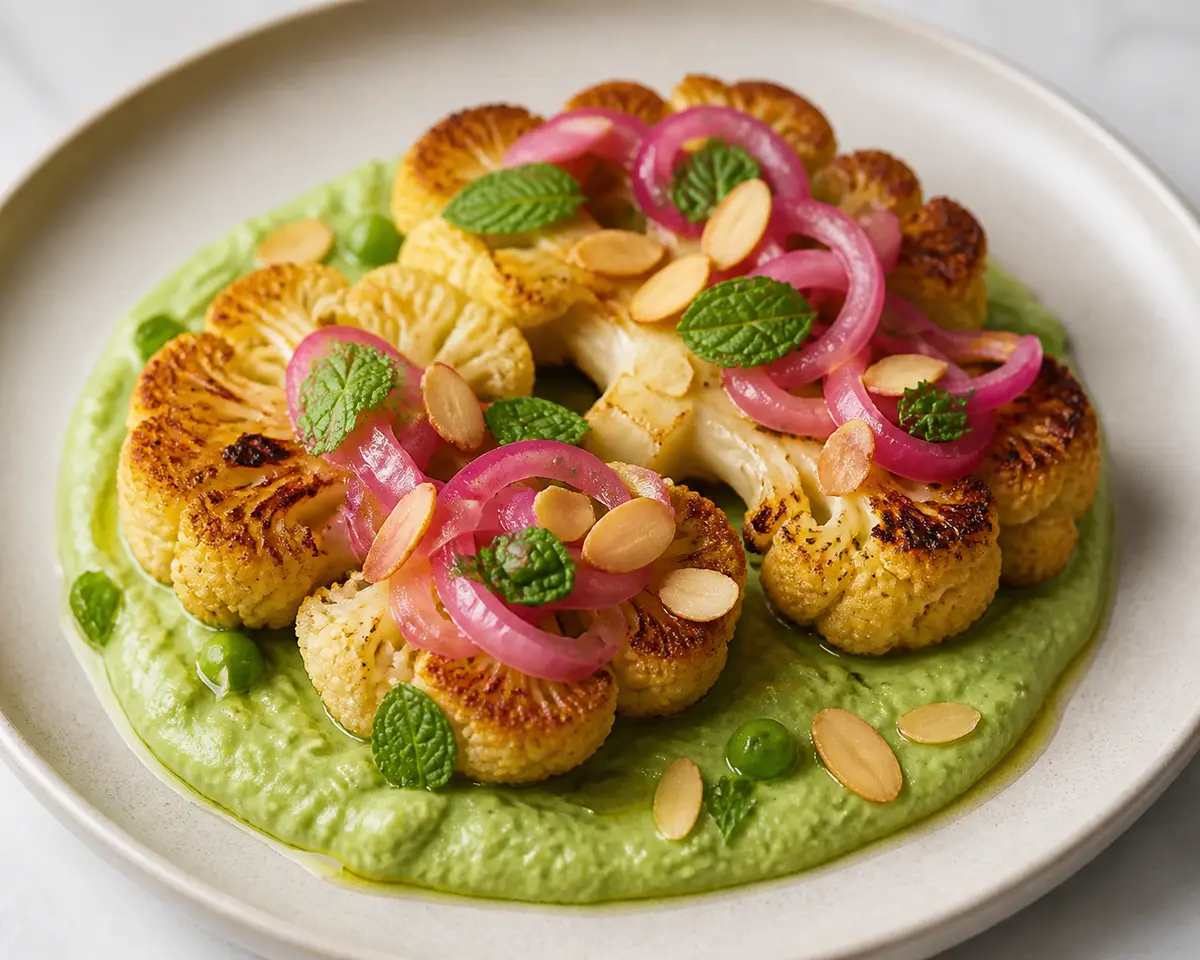 Golden Cauliflower Steaks over Minted Pea Cream with Pickled Red Onion and Toasted Almonds