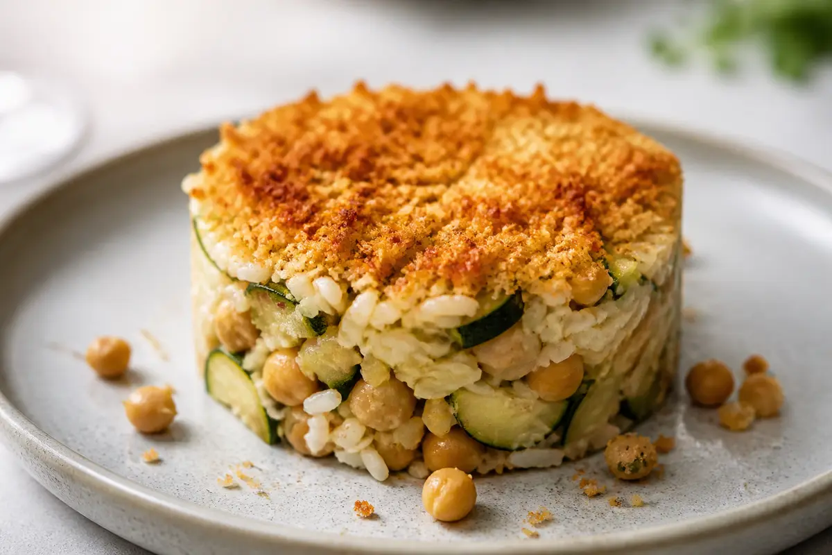 Timbal Económico de Arroz, Calabacín y Garbanzo con Cubierta de Pan al Pimentón