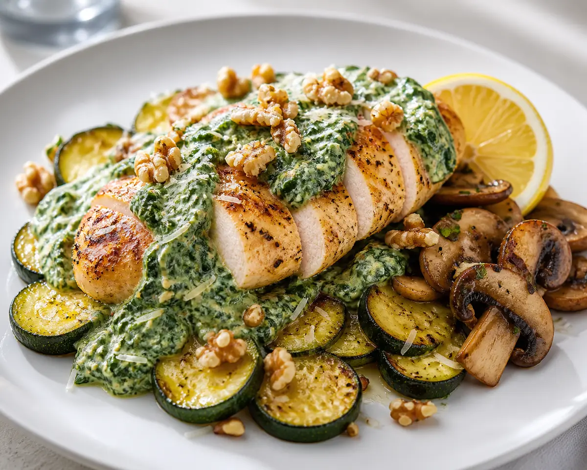 Pollo al pesto cremoso de espinaca y nuez con calabacín dorado y champiñones al limón