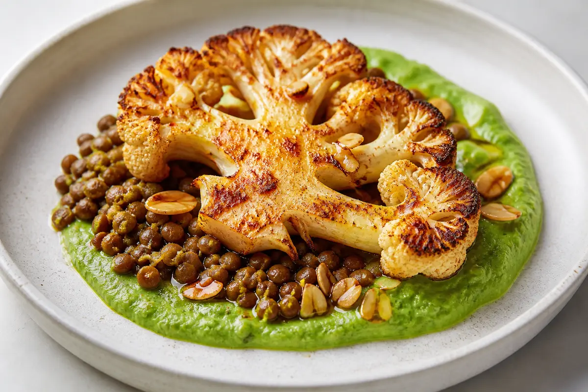 Coliflor asada en filetes con puré de guisantes a la menta, lentejas especiadas y aceite crujiente de almendras