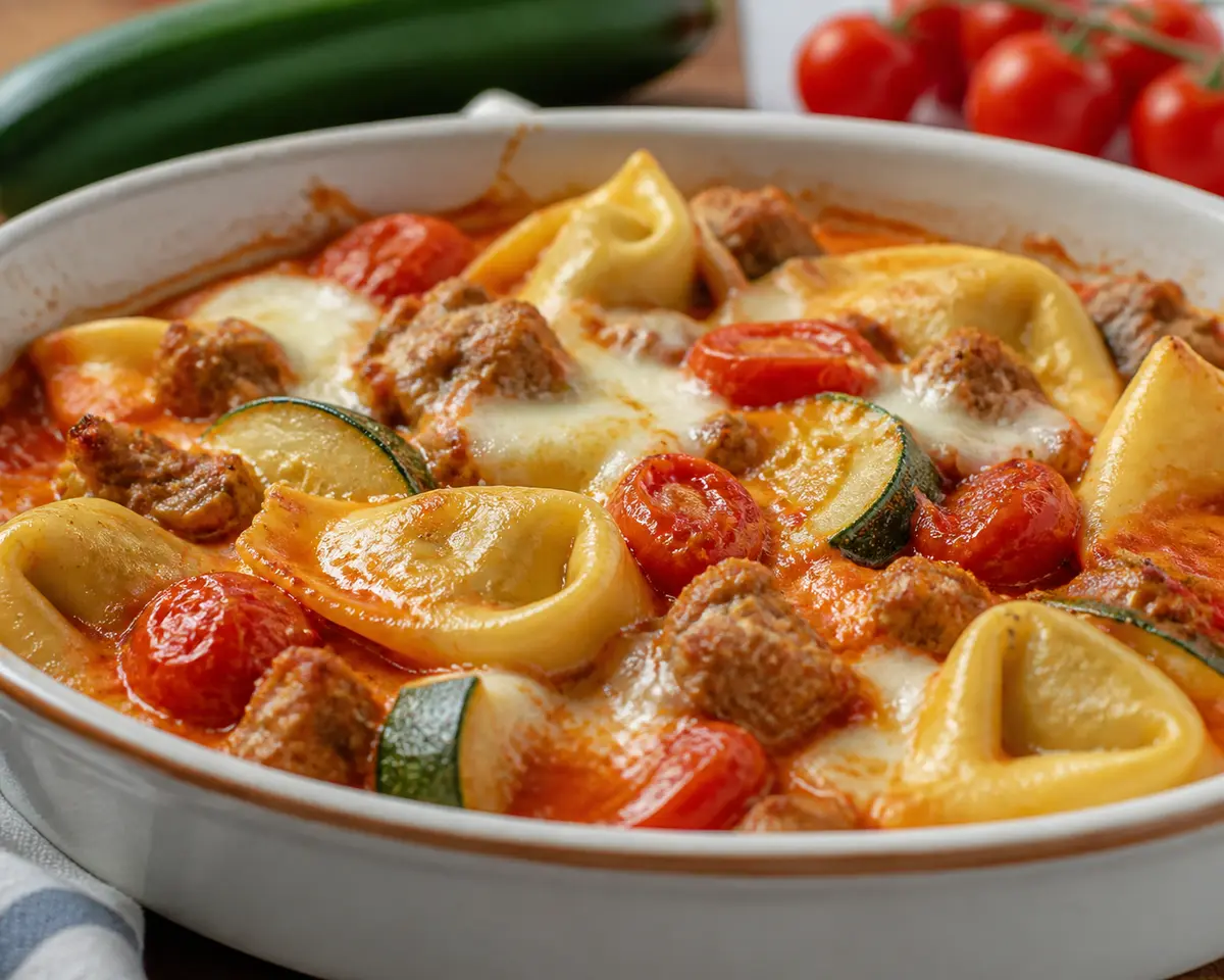 Cazuela Familiar de Tortelloni, Salchicha de Pavo, Calabacín y Crema de Tomate Asado