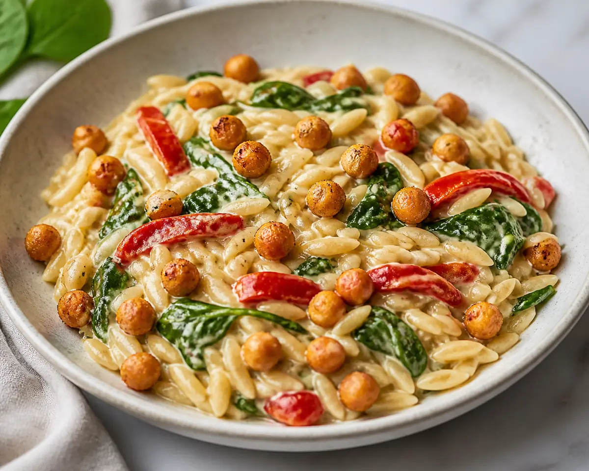 Orzo exprés cremoso de pimiento asado, espinaca y garbanzos crujientes