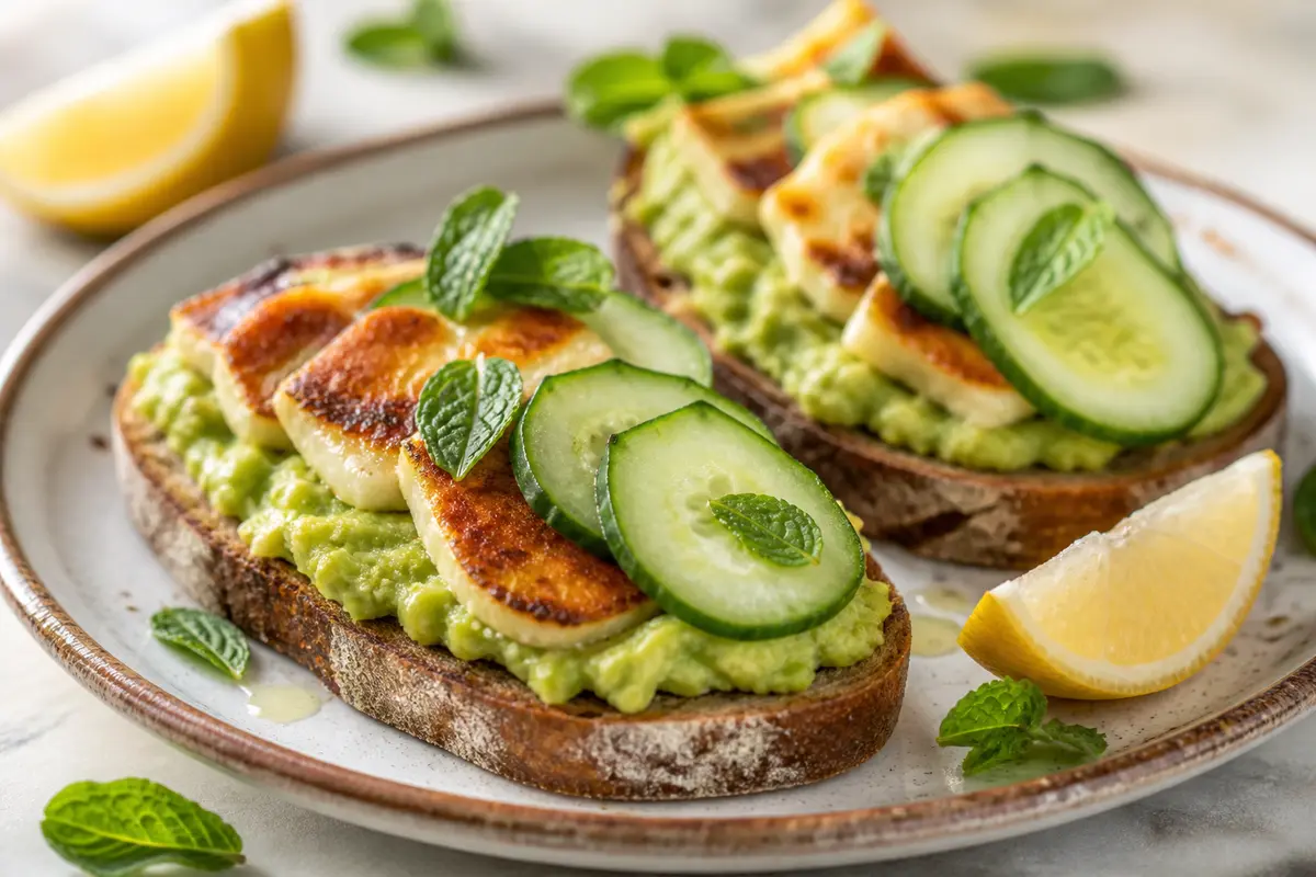 Quick lemon avocado toasts with seared halloumi, cucumber, and mint