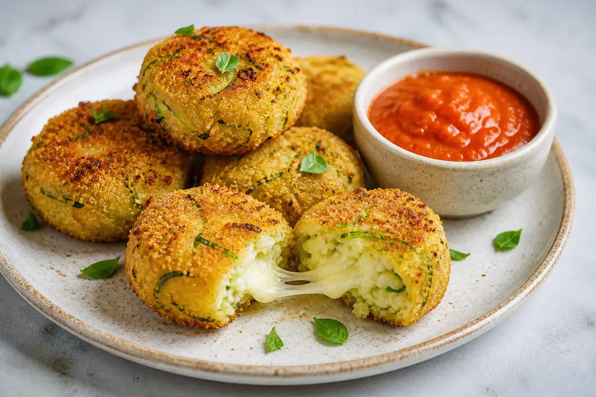 Croquetas crujientes de arroz y calabacín en Air Fryer con corazón de mozzarella y dip de pimiento ahumado