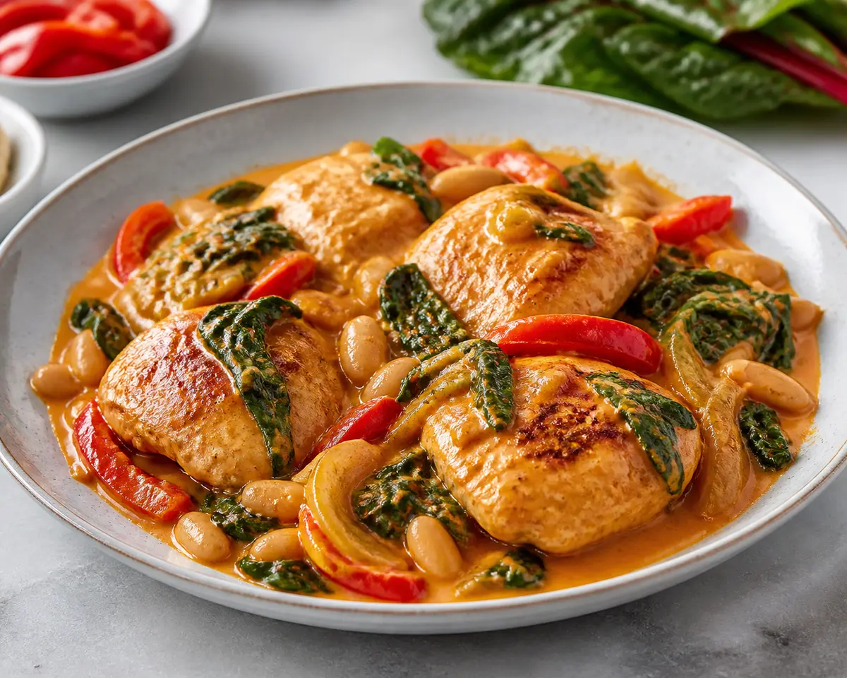 Pollo en slow cooker con acelgas, alubias cannellini y salsa cremosa de pimiento rojo asado