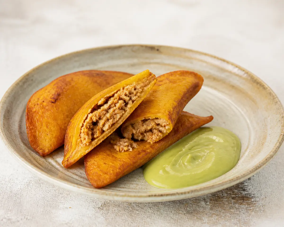 Crispy Plantain Molotes with Mild Chipotle Turkey Picadillo and Avocado Pepita Sauce