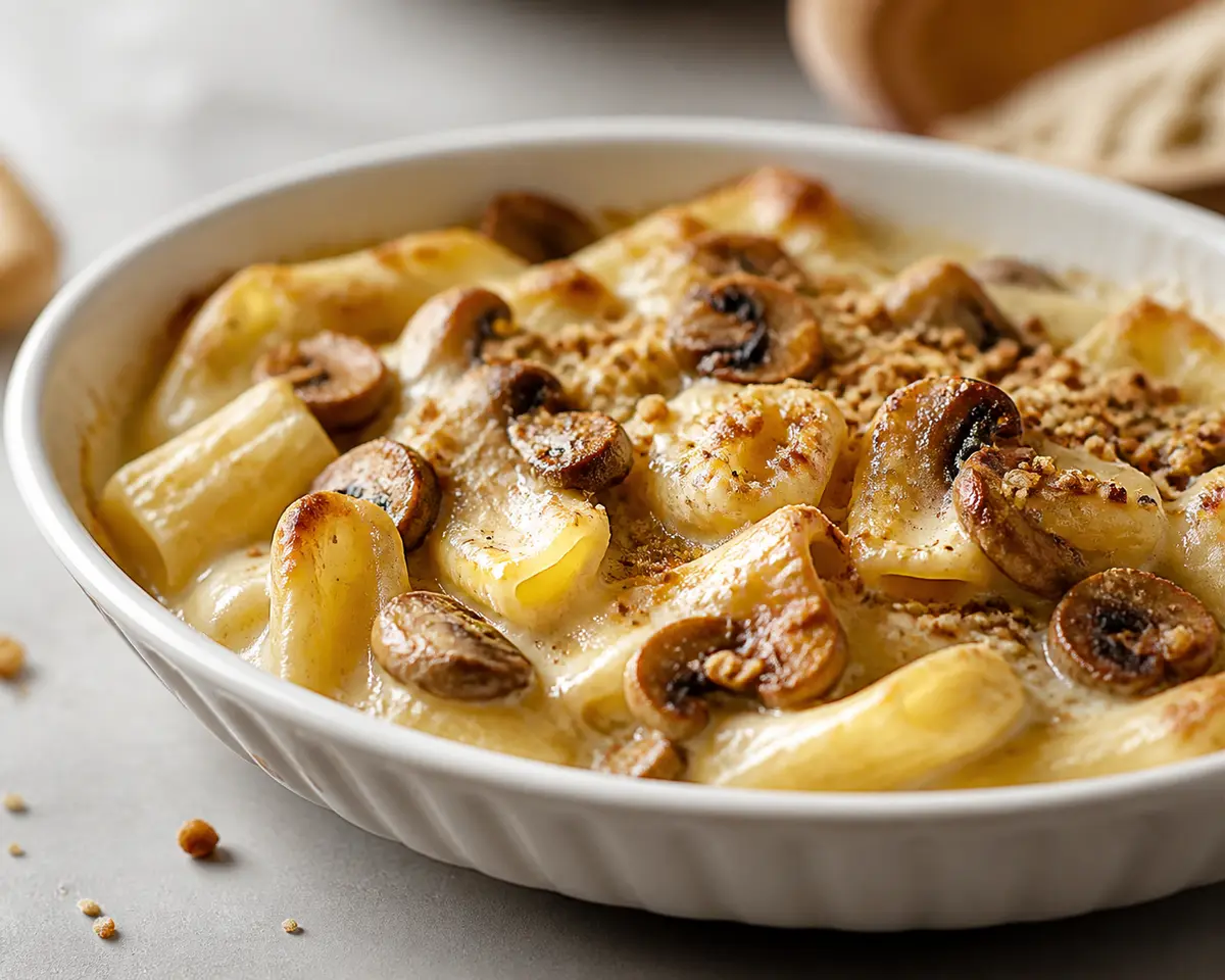 Baked Candele with Celeriac-Taleggio Cream, Golden Mushrooms and Hazelnut Crumbs