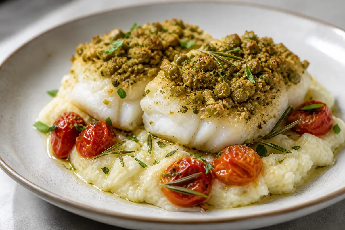Mediterranean Cod with Green Olive Crust over Rustic Cauliflower Mash and Rosemary Tomatoes