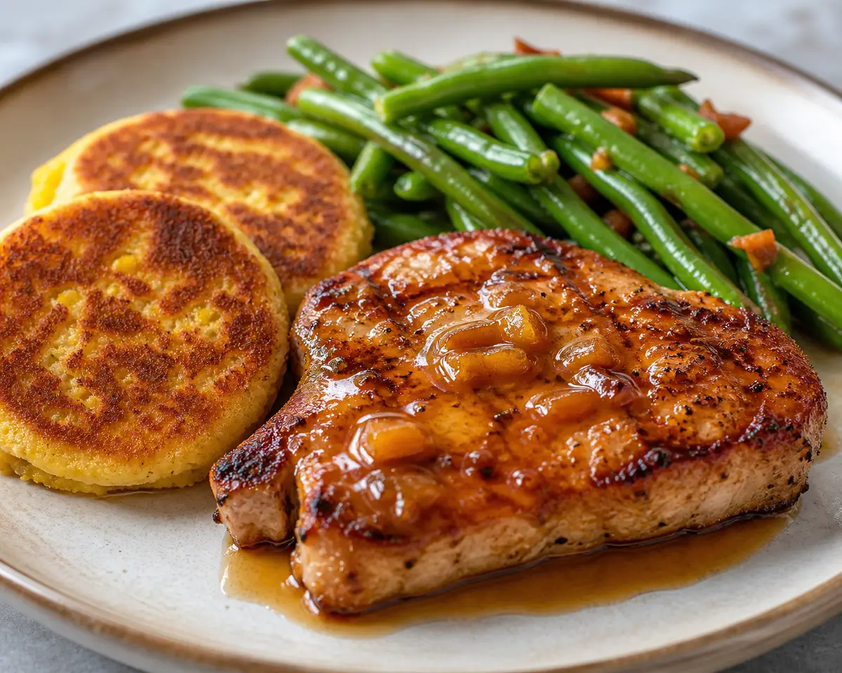 Pork Chops with Smoky Peach Glaze, Toasted Corn Cakes, and Warm Green Bean Sauté