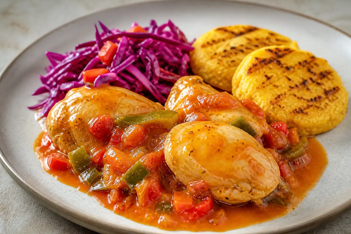 Pollo en adobo de guanábana y ají dulce con tamalitos de elote tierno y ensalada de repollo morado