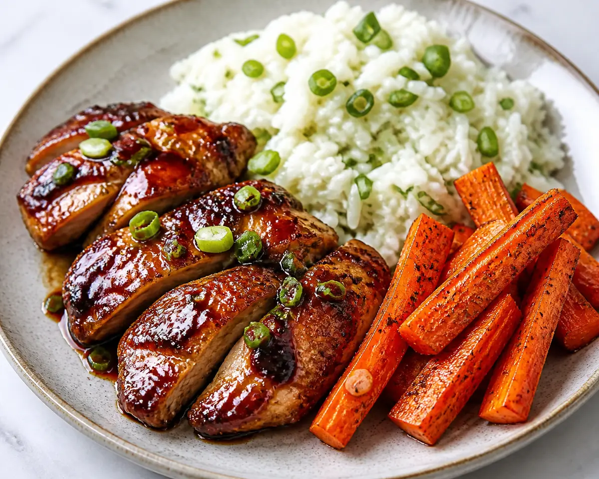 Pollo glaseado de tamarindo y miel con arroz cremoso de cebolleta y zanahorias asadas al comino