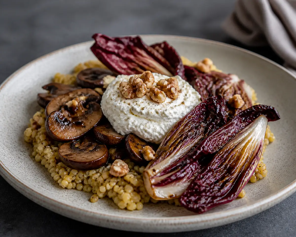 Warm toasted millet salad with balsamic mushrooms, grilled radicchio and whipped feta walnut cream