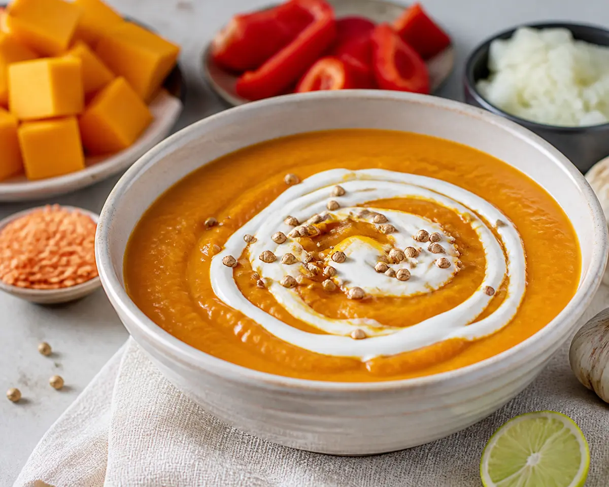 Sopa cremosa de calabaza asada, pimiento rojo y lenteja coral con yogur de lima y semillas de cilantro