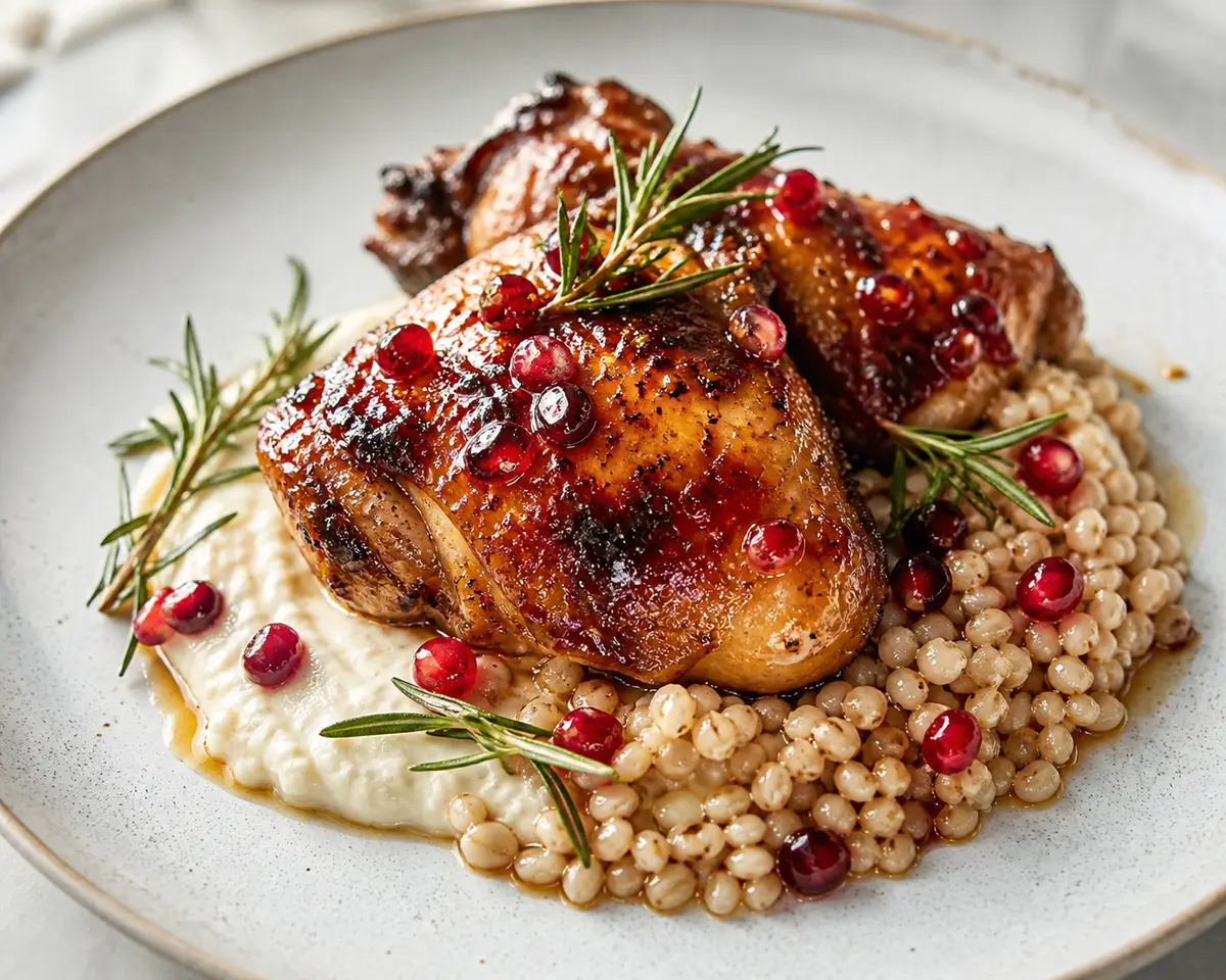 Roasted Chicken with Pomegranate-Rosemary Glaze, Rustic Cauliflower Cream and Tender Barley