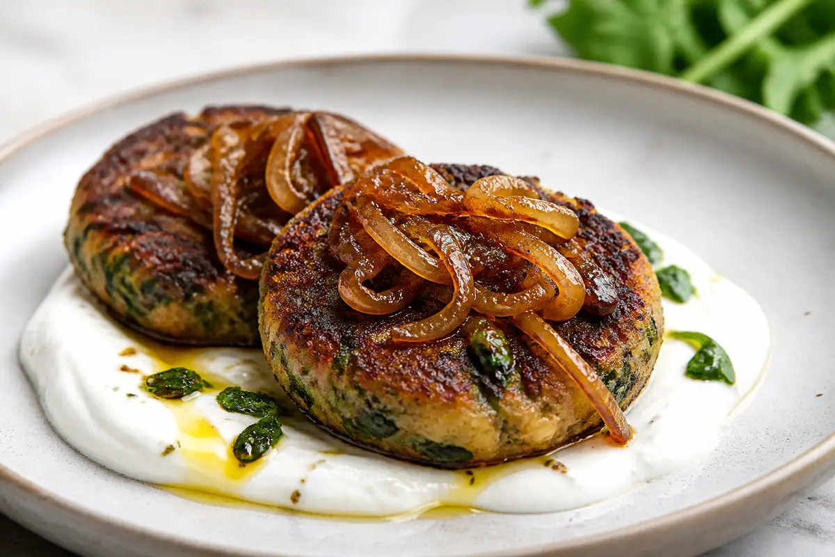 Crispy Kale and Potato Cakes with Creamy Lemon Yogurt and Caramelized Onion