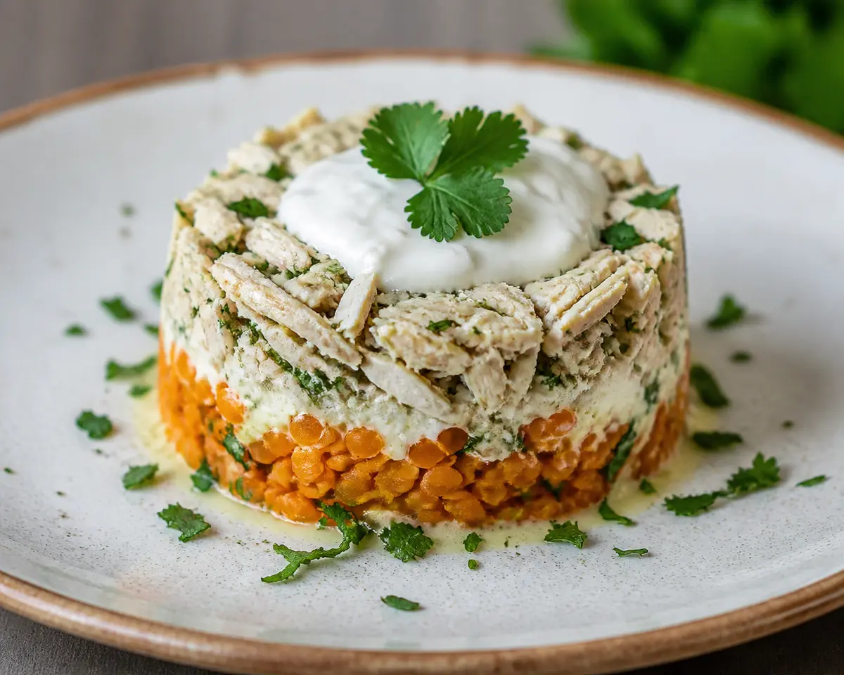 Timbal de Pollo al Cilantro con Crema de Cottage y Lentejas Rojas al Comino
