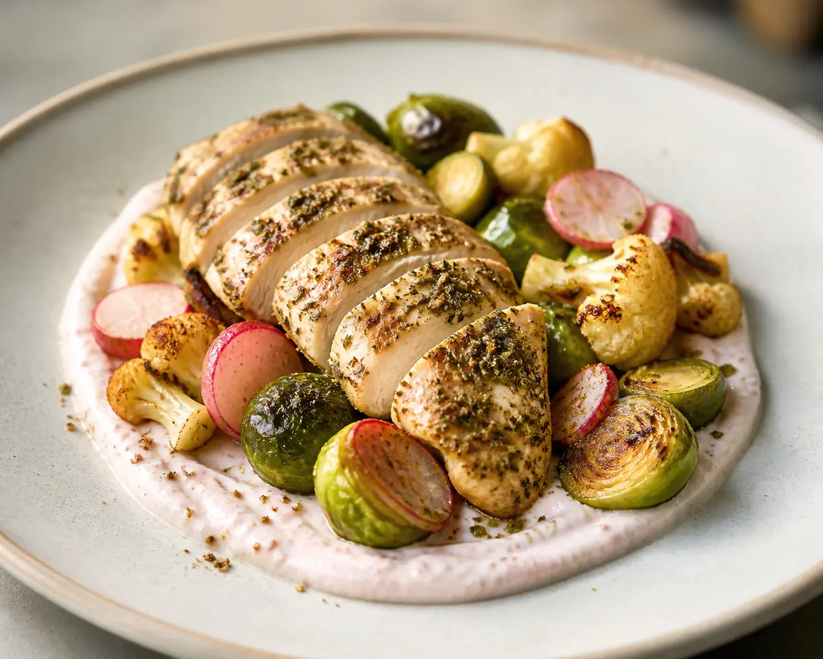 Chicken Breast with Green Za’atar and Warm Radish Cream with Garlicky Brussels Sprouts
