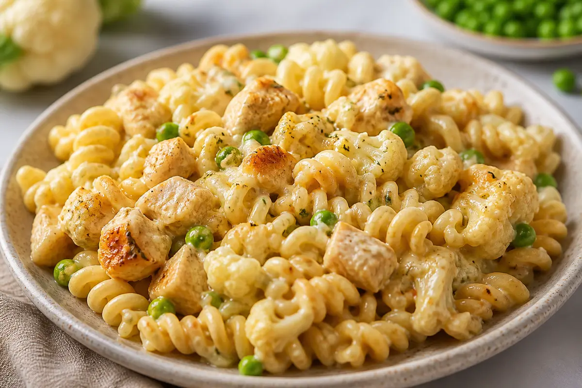 Family Baked Curly Pasta with Garlic Chicken, Peas and Roasted Cauliflower Cream