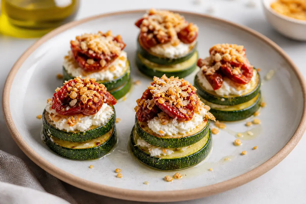 Air Fryer Zucchini Stacks with Citrusy Ricotta, Sun-Dried Tomato, and Seeded Panko Crunch