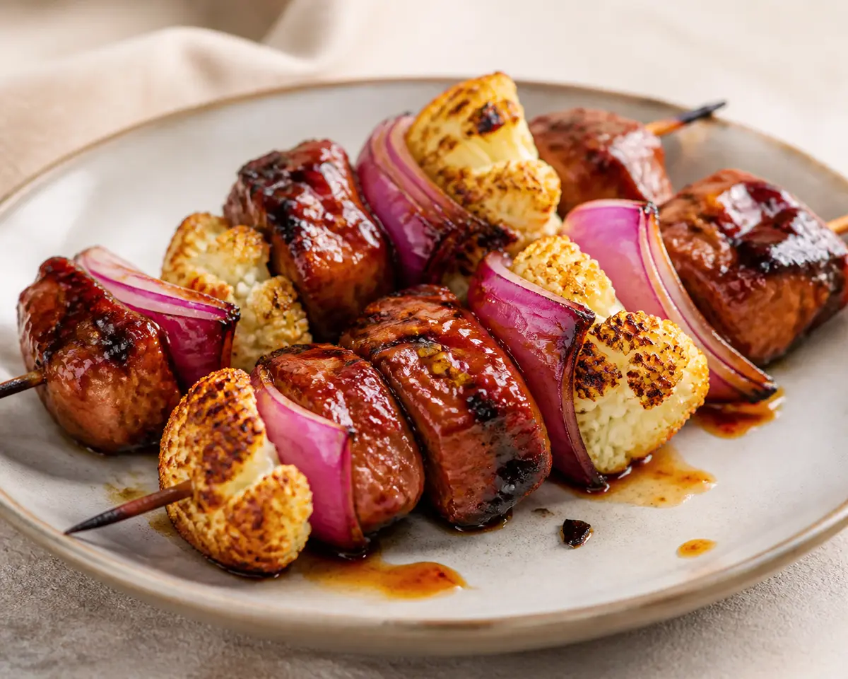 Grilled Pork Skewers with Cauliflower, Red Onion, and Maple-Ancho Miso Glaze