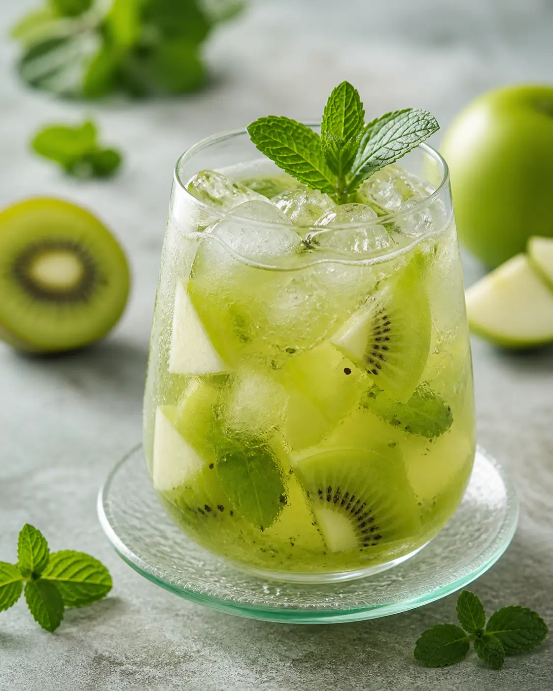 Agua helada de kiwi verde, manzana verde y menta con infusión de té sencha