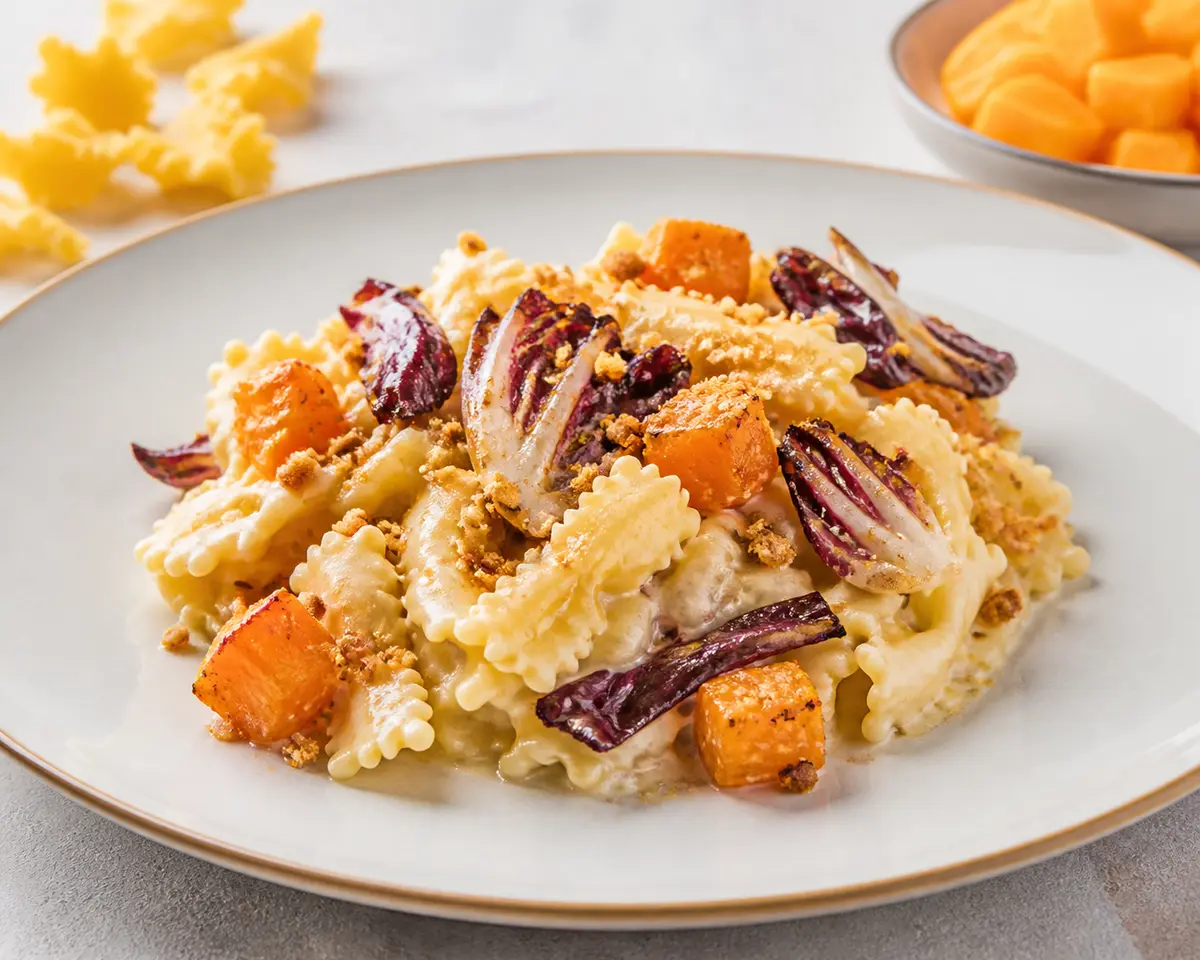 Creamy Gigli with Roasted Pumpkin, Robiola, Grilled Radicchio and Savory Amaretti Crumbs