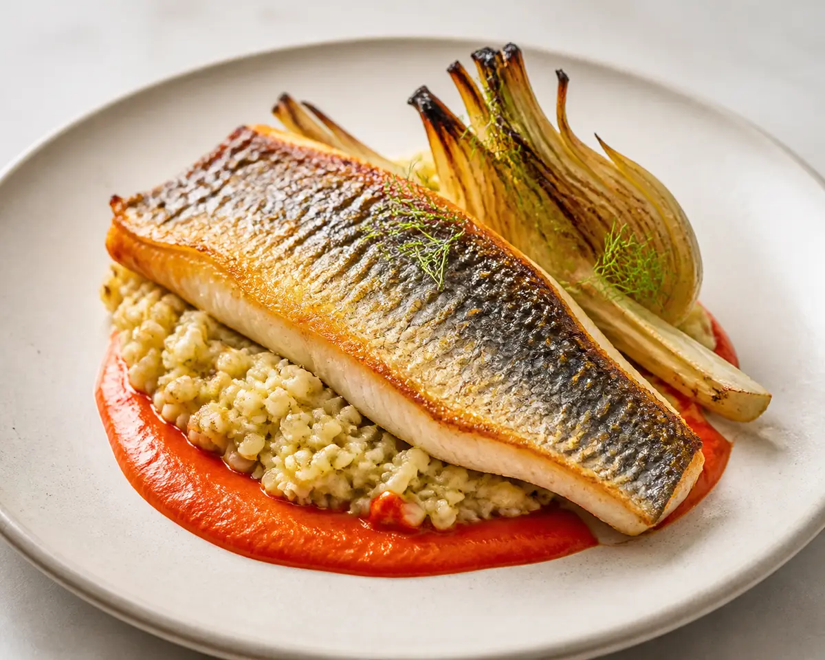 Mediterranean Sea Bass over Creamy Lemon Freekeh with Roasted Fennel and Red Pepper Sauce