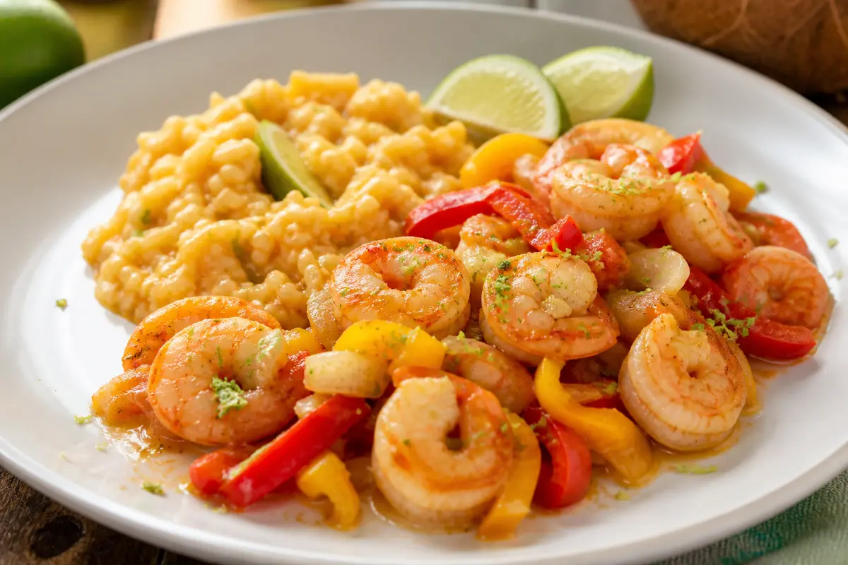 Cazuela de camarones al coco y ají dulce con arroz meloso de calabaza y lima