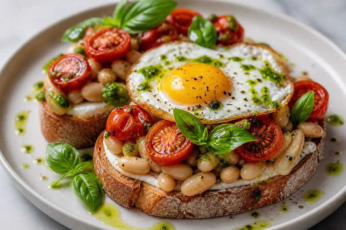 Creamy White Bean Toasts with Roasted Tomatoes, Fried Egg and Basil Oil