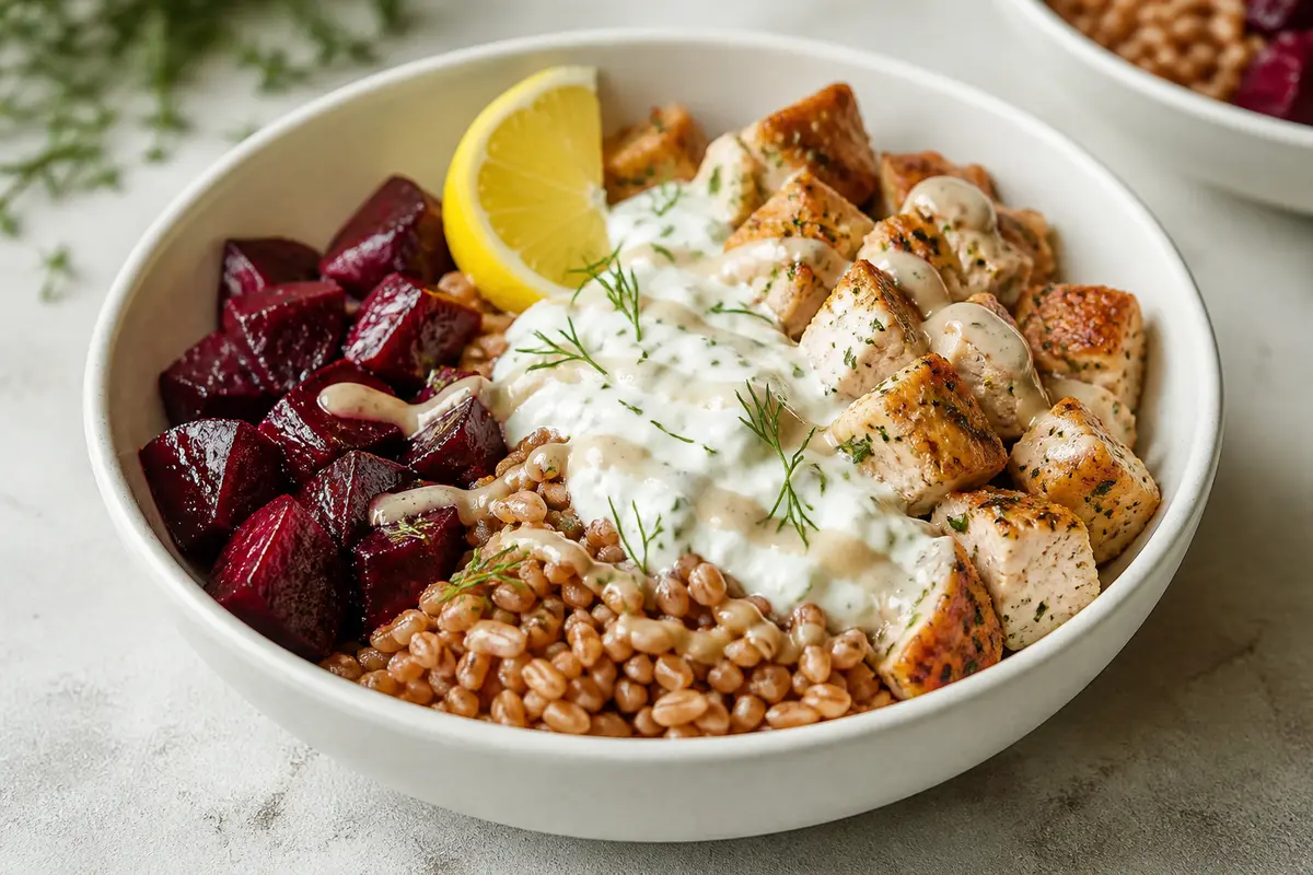 Bowl tibio de pollo al yogur de limón y hierbas con farro tostado, remolacha asada y aderezo cremoso de tahini